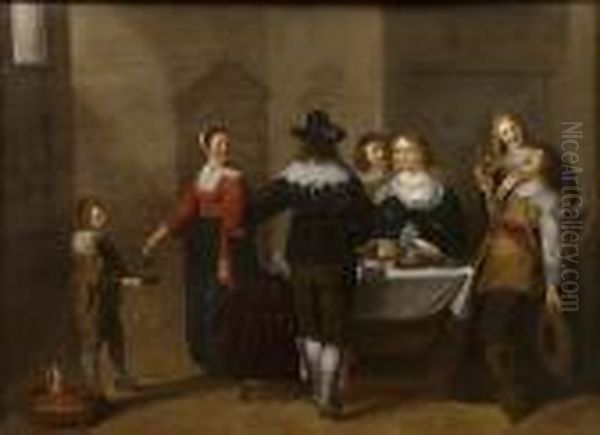 An Elegant Company Eating And Drinking In An Interior Oil Painting by Christoffel Jacobsz van der Lamen