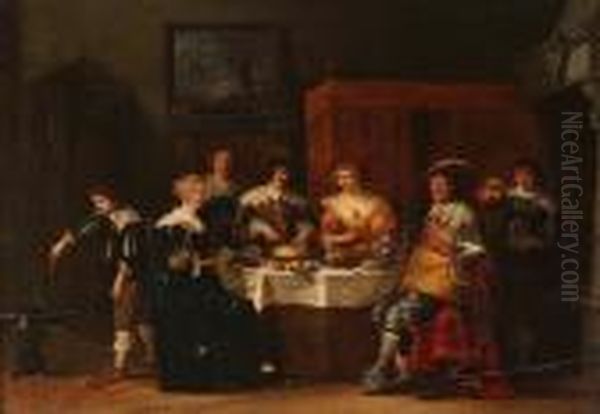 An Elegant Company Eating And Drinking In An Interior Oil Painting by Christoffel Jacobsz van der Lamen