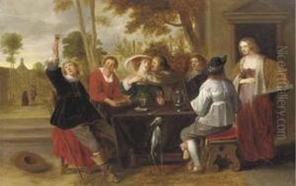 Elegant Company At Table On A Terrace Oil Painting by Christoffel Jacobsz van der Lamen