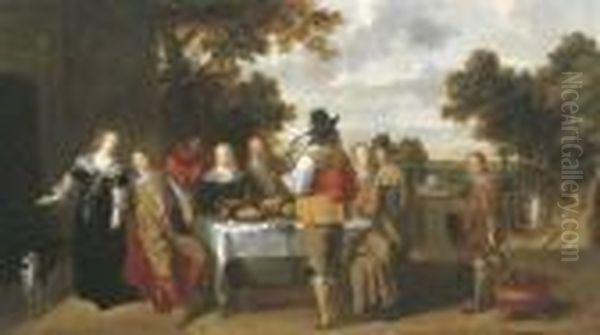 Elegant Company Eating And Drinking On A Terrace, A Landscape Beyond Oil Painting by Christoffel Jacobsz van der Lamen