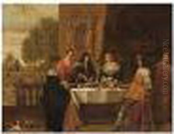 An Elegant Company Feasting On The Terrace Of A Country House Oil Painting by Christoffel Jacobsz van der Lamen