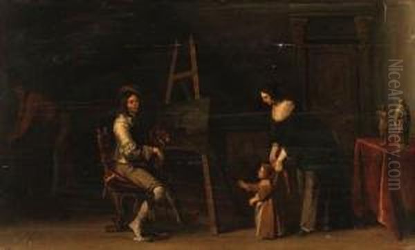 An Artist At An Easel With His Family In His Studio Oil Painting by Christoffel Jacobsz van der Lamen