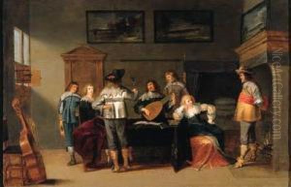 Officers In A Brothel, With A Lute Player And A Page Nearby Oil Painting by Christoffel Jacobsz van der Lamen