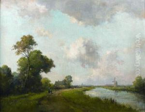 Vue D'un Canal En Hollande Oil Painting by Jan Van Der Linde