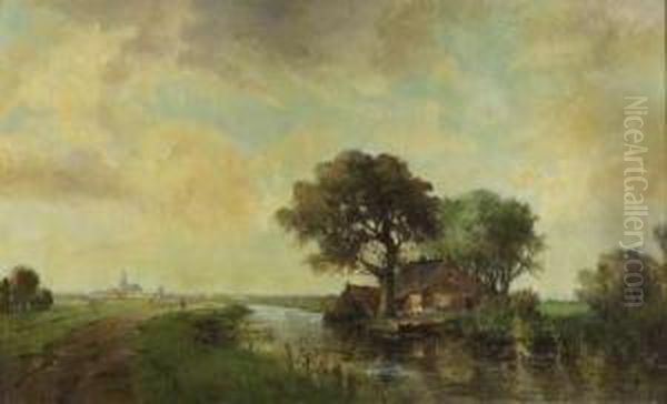 Weitlaufige Sommerlandschaft Mit Flusslauf, Gehoft Und Stadtansicht Oil Painting by Jan Van Der Linde