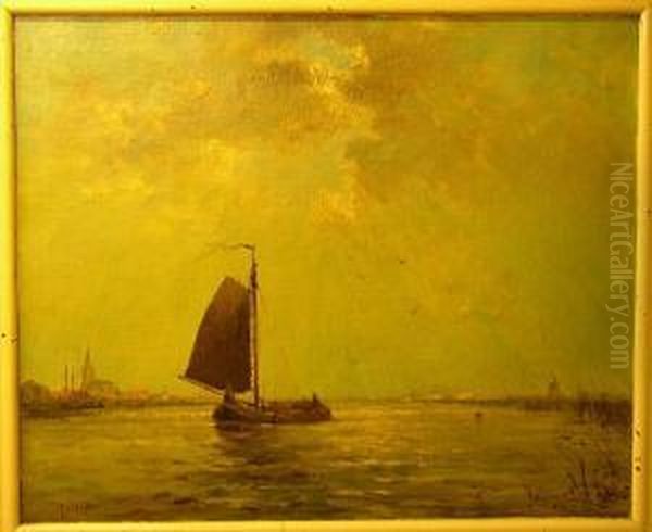 Dutch Sailing Barge By A Town, Signed 'j V D Linde' Oil Painting by Jan Van Der Linde