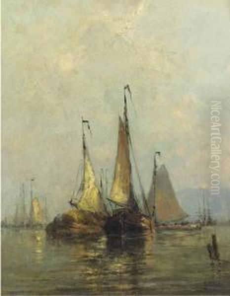 Haybarges On A Calm Oil Painting by Jan Van Der Linde