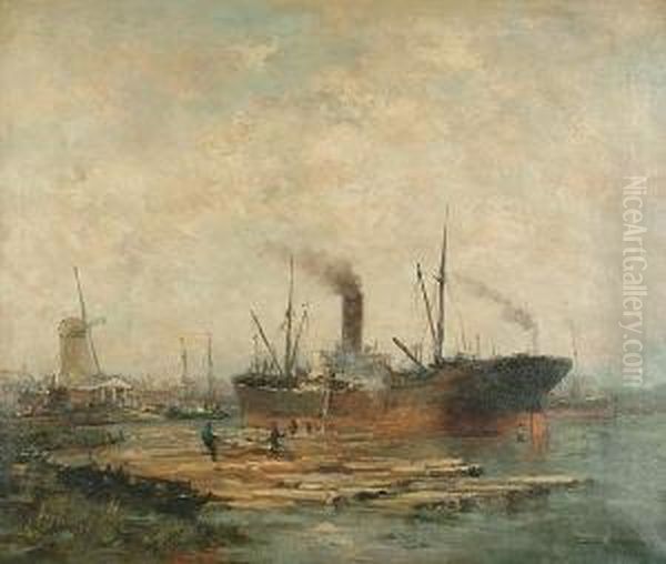 Loading Lumber In A Baltic Port Oil Painting by Jan Van Der Linde