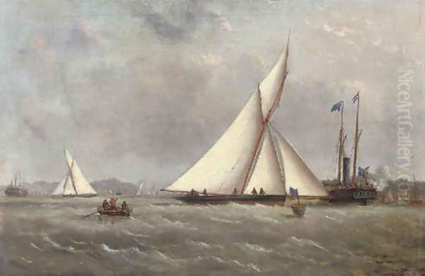 A big cutter approaching the turning mark with the crowded club steamer beyond Oil Painting by Arthur Wellington Fowles