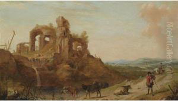 Italianate Landscape With Shepherds And Cattle Among Roman Ruins Oil Painting by Dirck Van Der Lisse