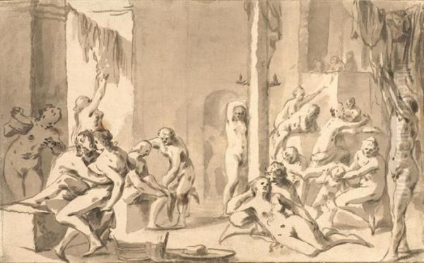 Uninhibited Gathering In A Bath House Oil Painting by Dirck Van Der Lisse