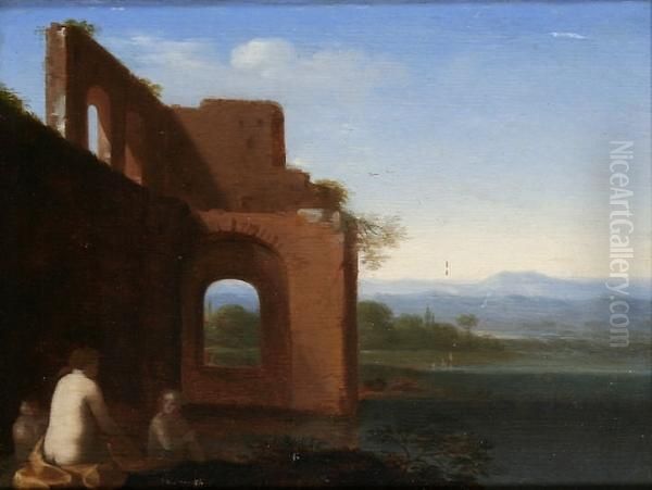 Landscape With Nymphs Bathing By Classical Ruins Oil Painting by Dirck Van Der Lisse