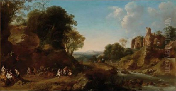 Sold By The J. Paul Getty Museum To Benefit Future Painting Acquisitions
 

 
 
 

 
 An Extensive Italianate Landscape With A Bacchanale, Other Bacchantes On A Bridge In The Background Near Ruins On Oil Painting by Dirck Van Der Lisse