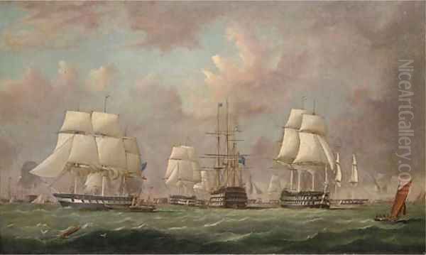 Queen Victoria, aboard the Royal Yacht Fairy, inspecting the Baltic Fleet as it prepares to sail in March 1854 Oil Painting by Arthur Wellington Fowles