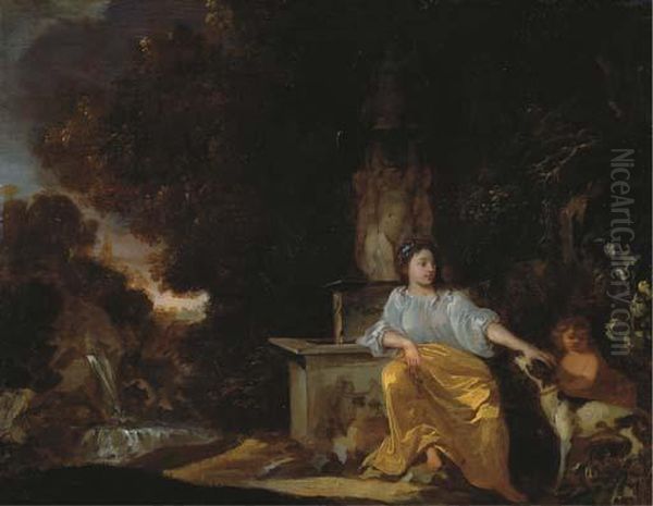 Venus And Cupid Awaiting Adonis By A Fountain Oil Painting by Dirck Van Der Lisse