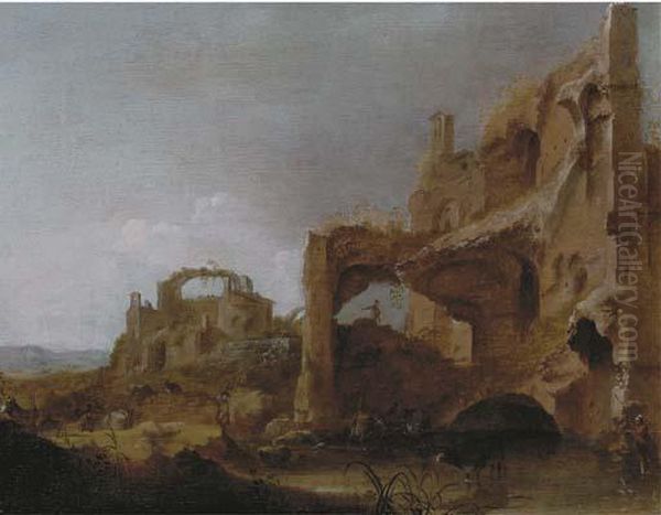 An Italianate Landscape With Herdsmen Watering Cattle Among Classical Ruins Oil Painting by Dirck Van Der Lisse