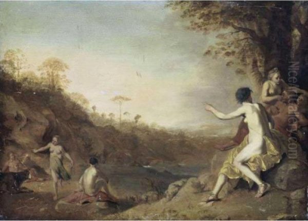 Landscape With Nudes Bathing Oil Painting by Dirck Van Der Lisse