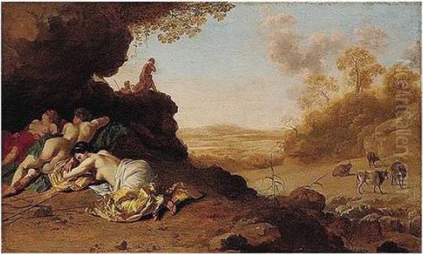 A Classical Roman Landscape With Nymphs Sleeping Oil Painting by Dirck Van Der Lisse