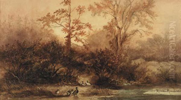 Ducks By A Pond In A Wood At Dusk Oil Painting by Marinus Van Der Maarel