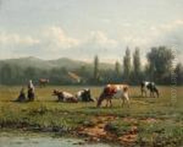 Cattle Grazing By A Stream Oil Painting by Jacob Jan van der Maaten