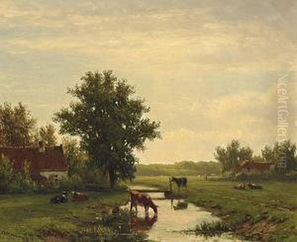 Cows In A Summer Landscape Oil Painting by Jacob Jan van der Maaten