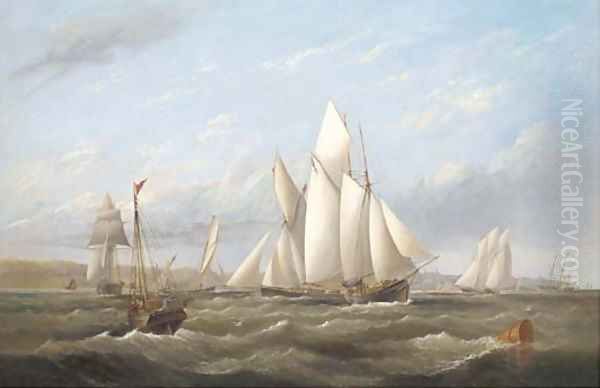 Vying for the start - a melee of big cutters in Osborne Bay, with the Royal Yacht Alberta heading for the pier below Osborne House Oil Painting by Arthur Wellington Fowles