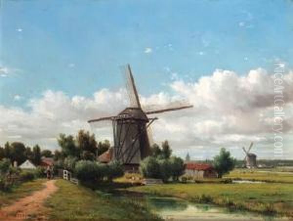 A Summer Landscape With Villagers On A Track By A Windmill Oil Painting by Jacob Jan van der Maaten