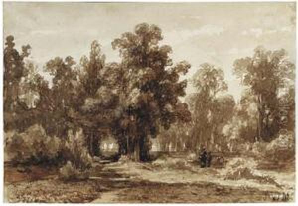 Two Figures By A Path In A Wood Oil Painting by Jacob Jan van der Maaten