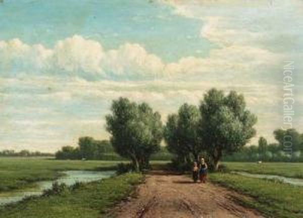 A Summer Landscape With A Peasant Woman And Child Walking On Asandy Track Oil Painting by Jacob Jan van der Maaten