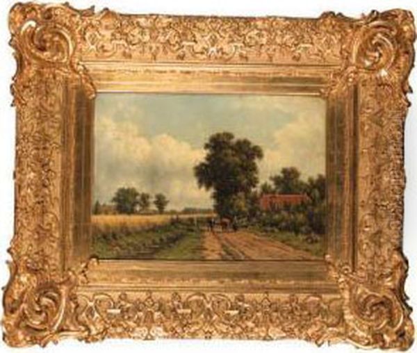 A Peasantwoman Driving Cows On A Country Road Oil Painting by Jacob Jan van der Maaten