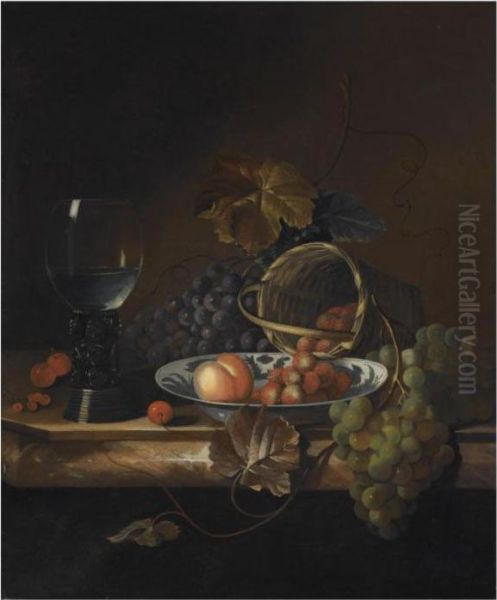 Still Life Of Blue And White 
Grapes, A Peach And Strawberries In Aporcelain Bowl And Basket, Together
 With Cherries And A Roemer, Allon A Marble Ledge Oil Painting by Barend or Bernardus van der Meer