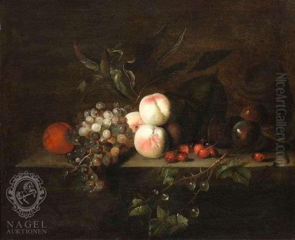 Still Lifewith Grapes And Peaches And Other Fruits On A Ledge Oil Painting by Barend or Bernardus van der Meer