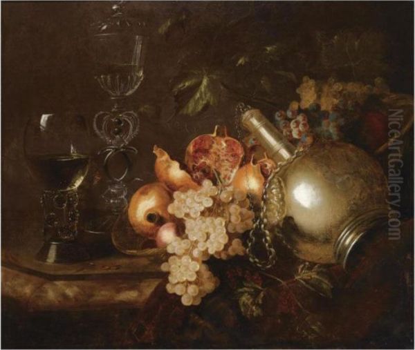 A Still Life Of Pomegranates, 
Grapes, A Silver Vessel, A Roemer Anda Venetian Glass On A Marble Table 
Draped With A Cloth Oil Painting by Barend or Bernardus van der Meer