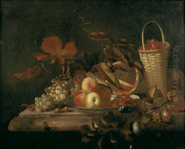 Nature Morte Aux Panier De Fraises, Plat De Peches Et Raisin Sur Unentablement De Marbre Oil Painting by Barend or Bernardus van der Meer