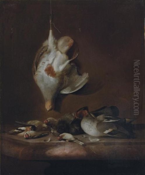 A Still Life With A Partridge 
Hanging On A Wall, And A Teal, A Yellowhammer, Finches And Other Birds 
On A Marble Ledge Oil Painting by Barend or Bernardus van der Meer