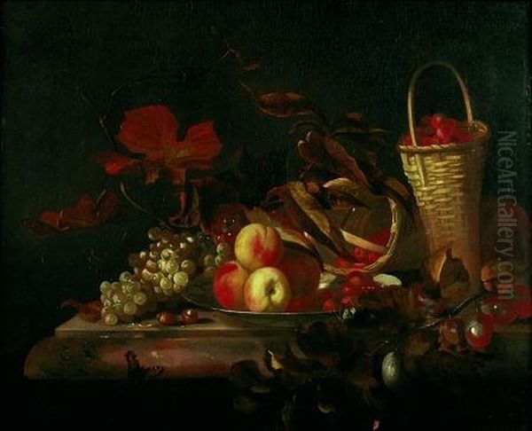 Nature Morte Aux Panier De 
Fraises, Plat De Peches Et Raisin Sur Un Entablement De Marbre Oil Painting by Barend or Bernardus van der Meer