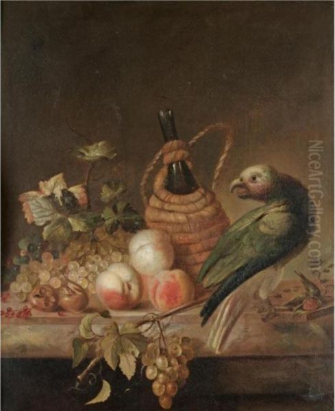 A Still Life With A Parrot, 
Together With A Flagon Of Wine, A Bunch Of Grapes, Peaches, Red Currents
 On A Marble Ledge Oil Painting by Barend or Bernardus van der Meer