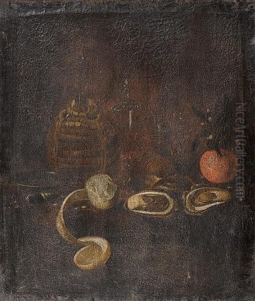 A Still Life Of A Carafe Of 
Wine, A Silver Dish, A Knife, A Glass Of Red Wine, Oysters, A Peeled 
Lemon, A Salt And An Ornage On A Table Oil Painting by Barend or Bernardus van der Meer