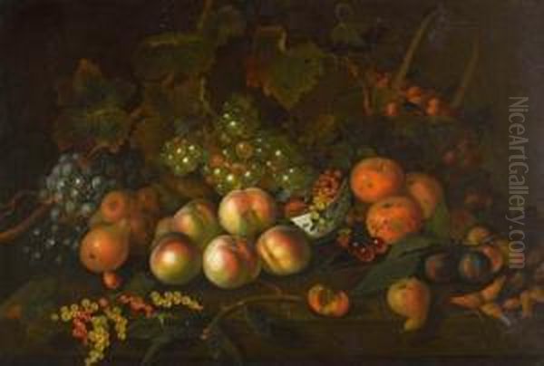 Still Life With Grapes, Peaches,
 Pears, Plums, Cherries, Hazel Nuts And Redcurrants In Bowl, 
Strawberries In Basket. Oil Painting by Barend or Bernardus van der Meer