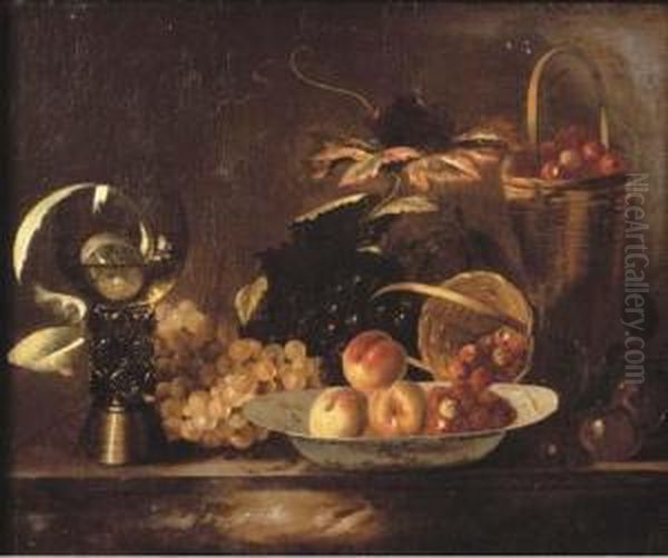 Peaches And Raspberries On A 
Dish, With Grapes, A Roemer, Apartly-peeled Lemon And A Basket On A 
Marble Ledge Oil Painting by Barend or Bernardus van der Meer