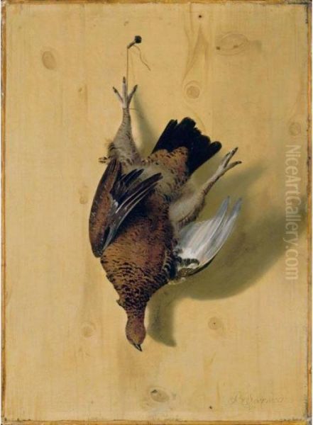 Still Life Of A French Partridge Hanging From A Nail Oil Painting by Barend or Bernardus van der Meer