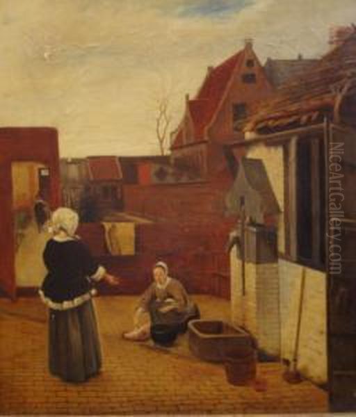 A Courtyard With A Maid Gutting Fish Before A Fountain, Watched By Her Mistress Oil Painting by Jan Vermeer Van Delft