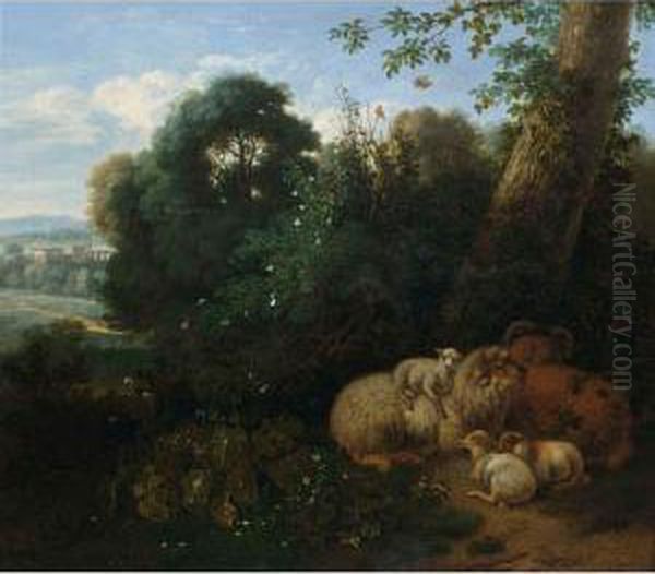 A Flock Of Sheep Under A Tree With A Classical Landscape Beyond Oil Painting by Jan Vermeer Van Delft