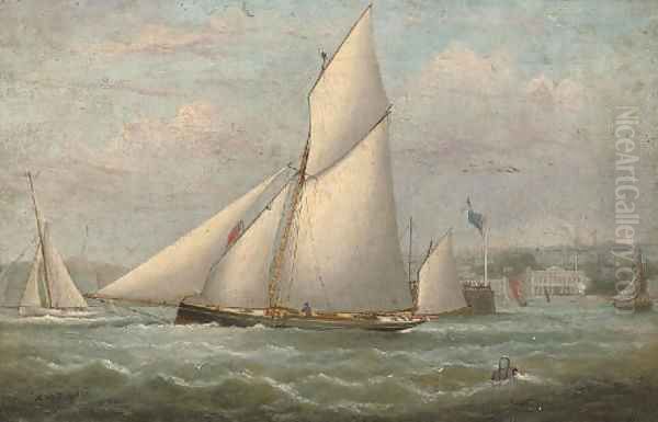 Racing cutters tacking inshore off Ryde Pier Oil Painting by Arthur Wellington Fowles