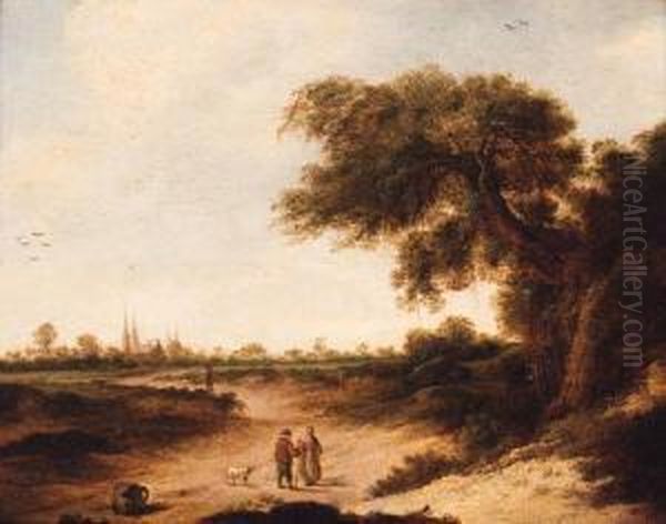 A Landscape With A Couple On A Sandy Track, A Church Beyond Oil Painting by Jan Vermeer Van Delft