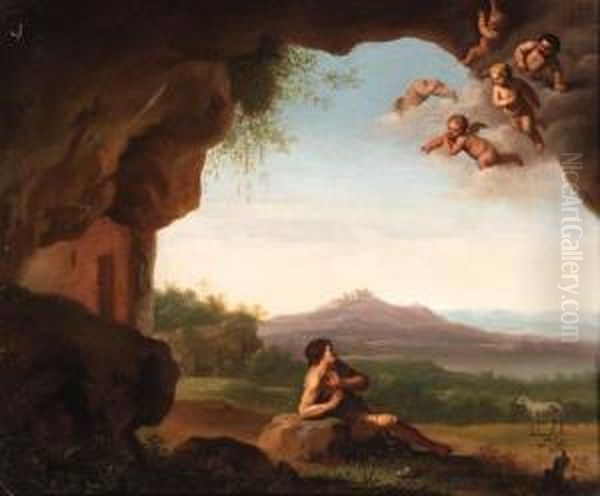 Saint John The Baptist In The Wilderness With Cherubs Above Oil Painting by Jan Vermeer Van Delft