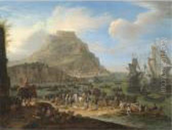 An Exotic Harbour Scene Oil Painting by Jean Baptist Van Der Meiren