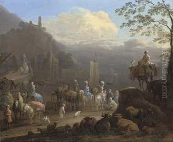 An Elegant Company Of Travellers
 By A Harbour, With Figures In The Foreground, Cattle And Sheep Beyond Oil Painting by Jean Baptist Van Der Meiren