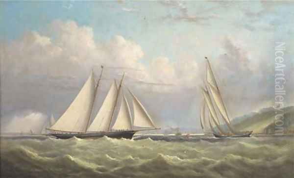 Racing schooners rounding the turning mark in Osborne Bay with Norris Castle above and Ryde beyond Oil Painting by Arthur Wellington Fowles