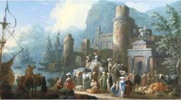 A Capriccio View Of A Levant Harbour With Travellers Oil Painting by Jean Baptist Van Der Meiren